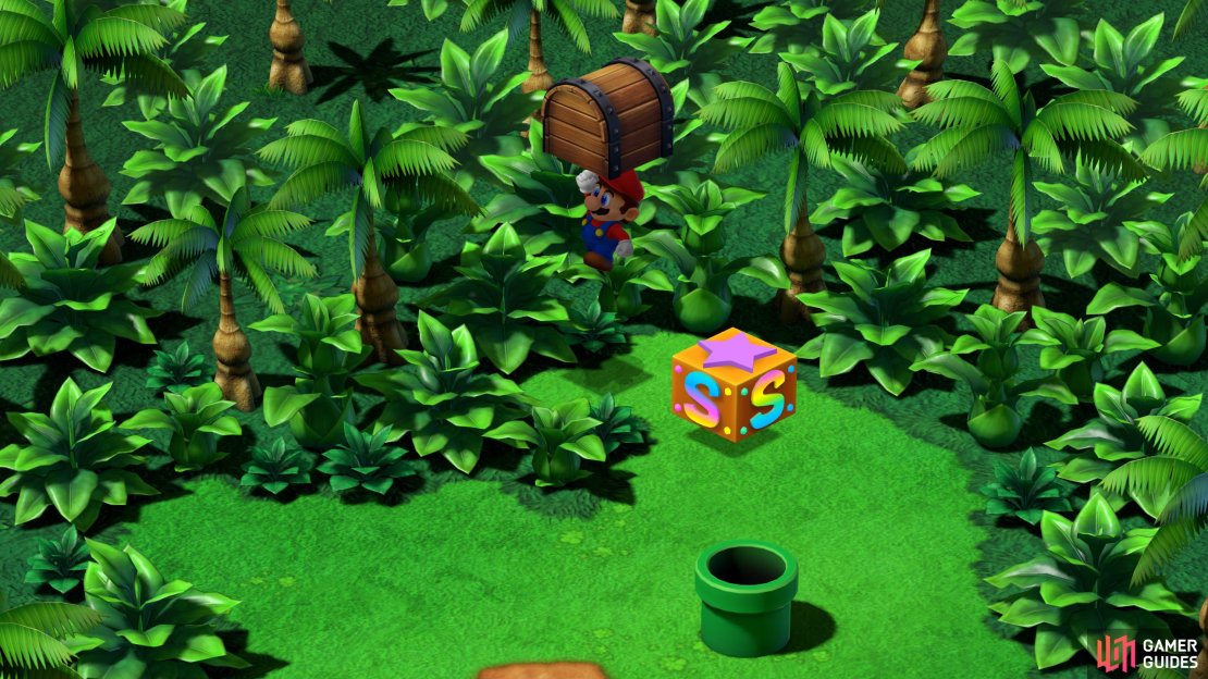 When you exit the pipe, you’ll be in Yo’ster Isle. Head behind the save point, and jump to find the hidden treasure.