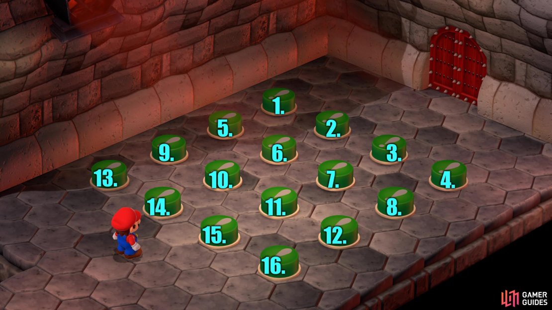 Puzzle Course 1- Room 2: Jump on the following buttons: 2, 8, 15, and 9 to complete the puzzle.