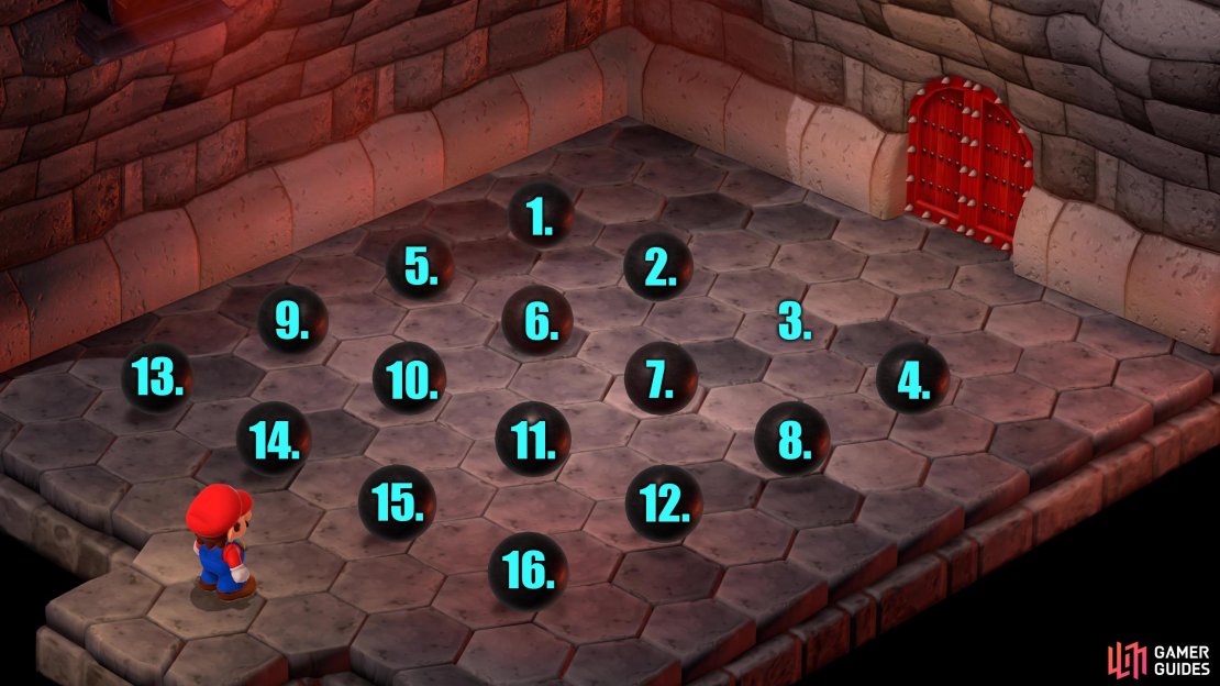 Puzzle Course 1 - Room_3: Kick the cannonballs into the empty spaces. You will win when there is only one ball on the screen.