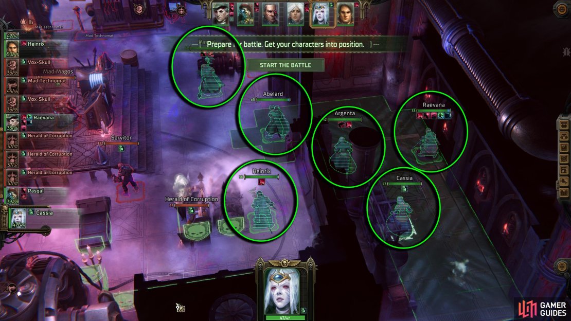 Start your party in the above positions. The three in the corridor can be anywhere in there, provided Cassia can still reach Abelard.