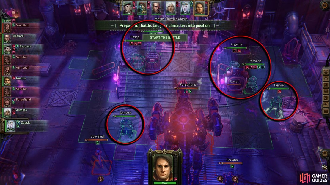 Place your party in the same position as shown above. The priority positions here are Abelard’s, and Cassia’s.