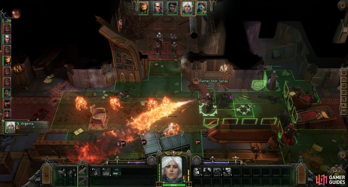 Flamer weapons typically have two different AoE firing modes, making them great for crowd control.