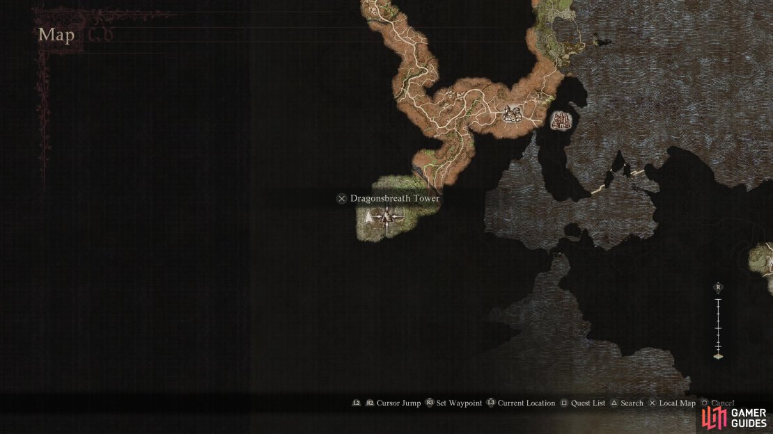 Dragonsbreath Tower can be found along the far southwestern edge of the map. It’s a trek riddled with monsters, but using the ropeway stations can at least expedite the first half of the journey.