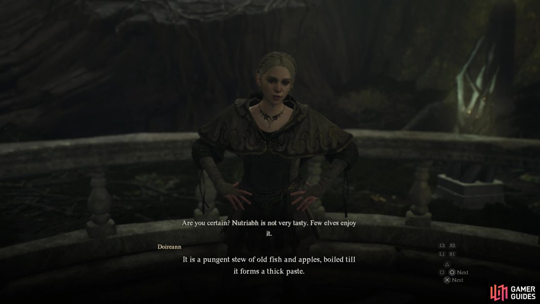 Tell Doireann about the dwarf’s odd taste in elven cuisine, after which she’ll tell you to find the ingredients.
