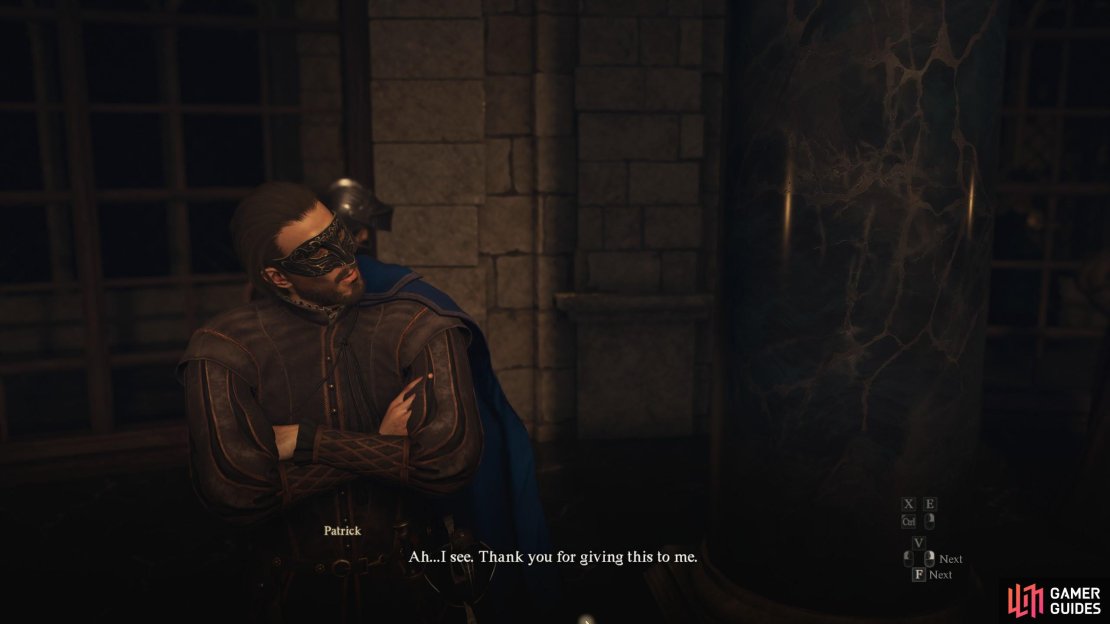 Lord Patrick is inside the Masquerade ball, wearing a blue cape and brown vestments, marking him out from the crowd.