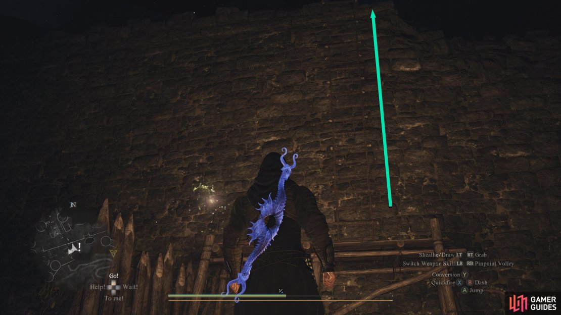 Follow the path from the top of the tower east, and then climb the scaffolding as well as the following ladder.