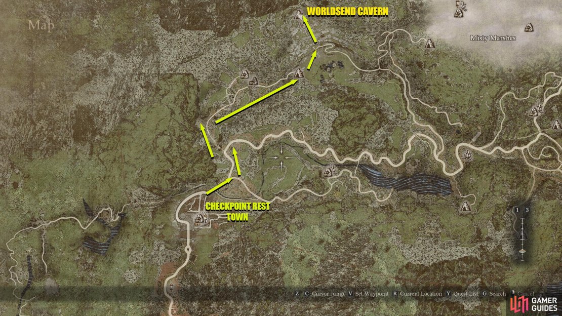 Follow the route from Checkpoint Rest Town to Worldsend Cavern.