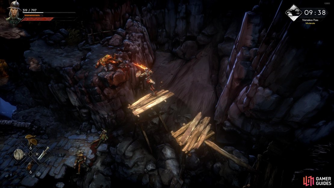 Climb the stairs near the Old Cottage and jump across the broken bridge.