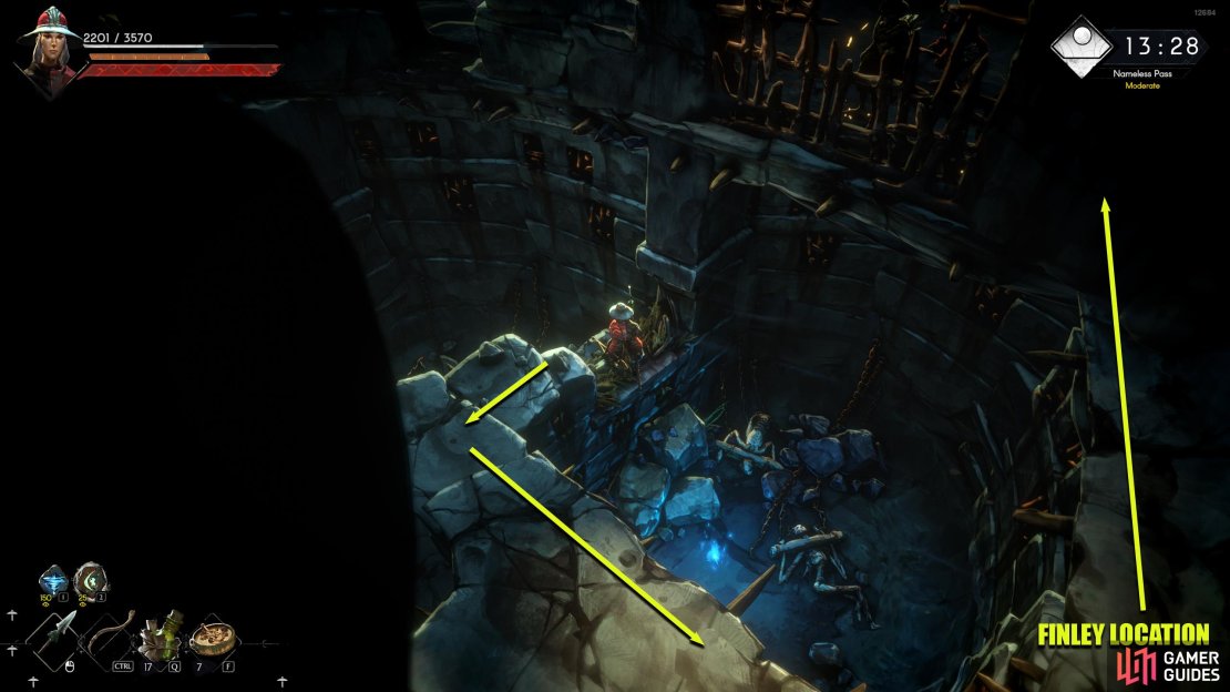 Finley’s Cell can be reached by climbing atop the wheel puzzle’s ledges, heading east, and then north.