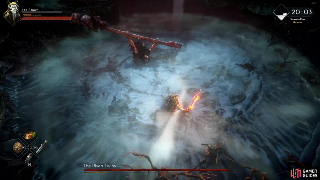 The Riven Twins will hold their weapon with both hands and slam it down at your location. Dodge toward the boss as the attack is going to land to avoid it.