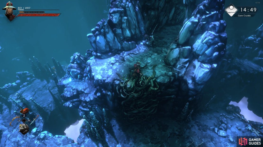 Go left a bit to climb some vines and take out the nearby enemy. Head to the orb location to your left and fire upon the enemy to your left.