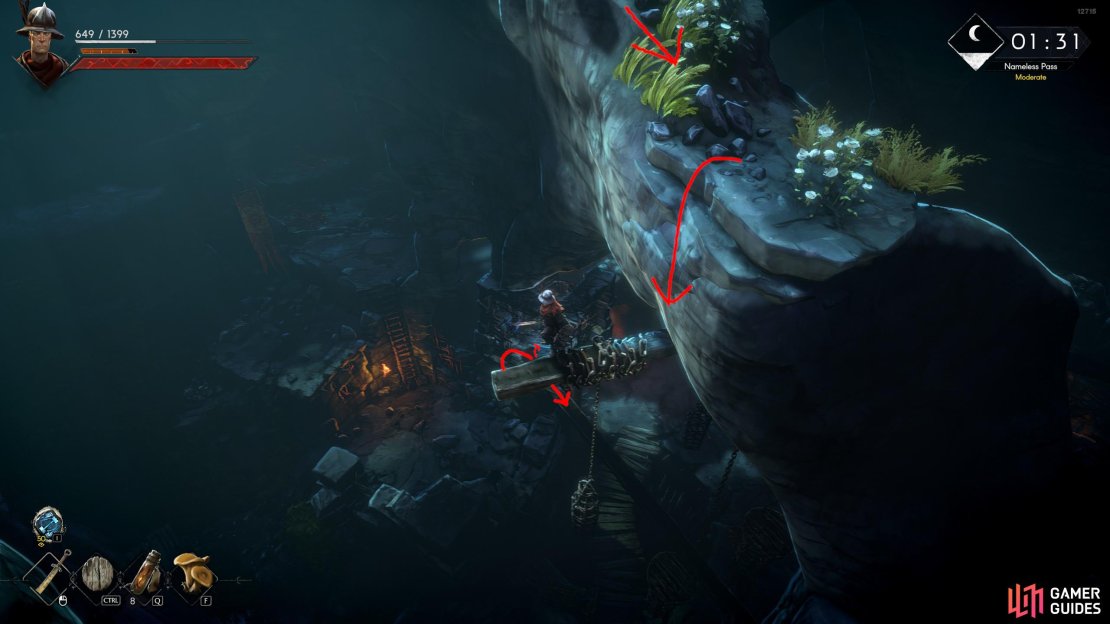 When you climb the root, you should find an outdoor rocky area. Take the path that leads back over the mine to a tip you can drop down from. You now need to parkour across the posts and beams to get the key.
