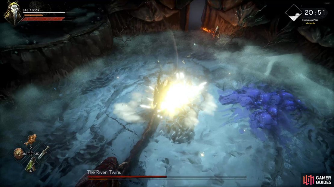 The boss will repeatedly slam down its weapon at your location three times. Stay away from it to avoid the attack.