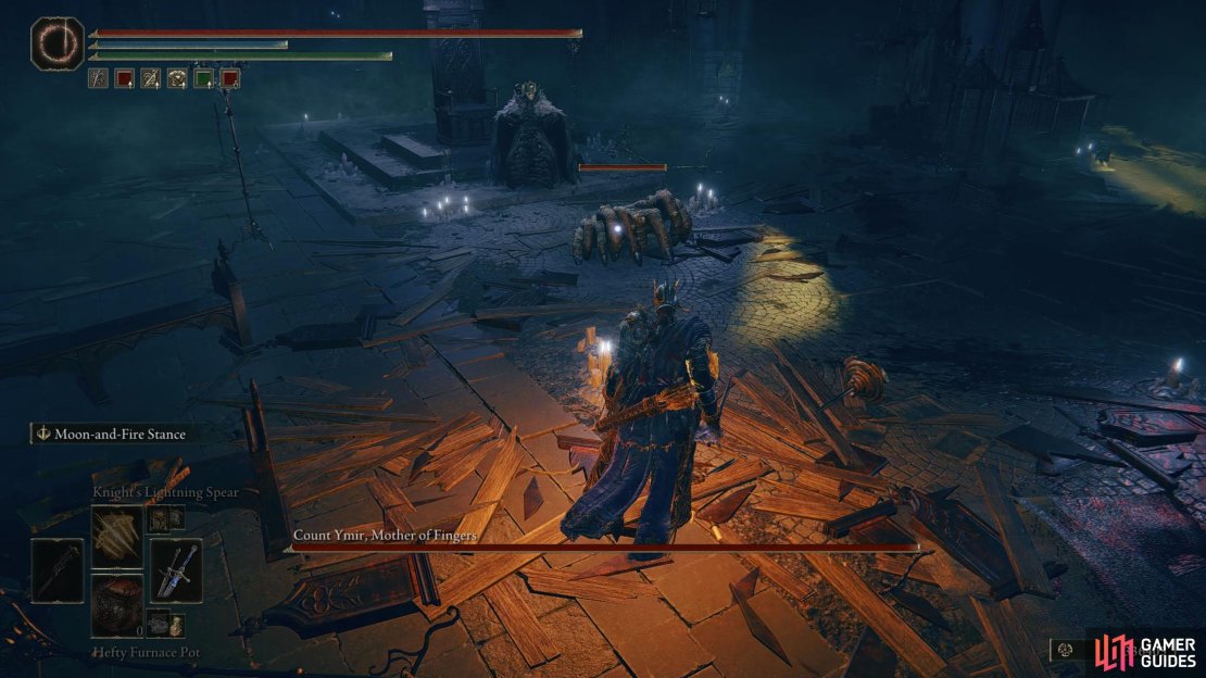 Count Ymir pretty much has only three attacks. At times, she’ll summon Fingercreepers to aid her.