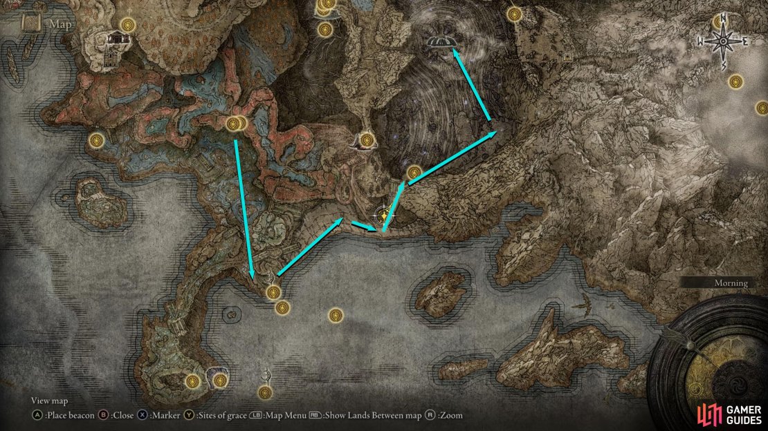 This is the route from the Cerulean Coast site of Grace to the Finger Ruins of Rhia.