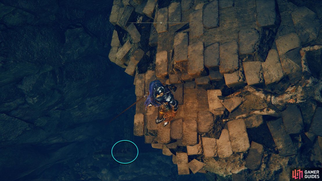Stand at the edge of the broken path and drop onto the L-Shape wall below.