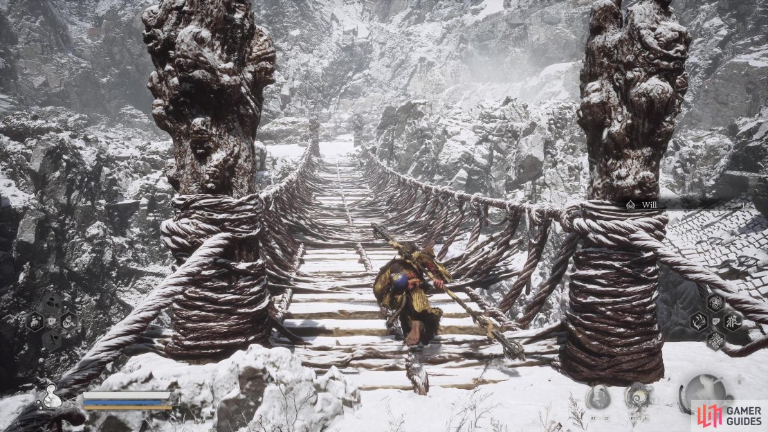 Cross the bridge to the right of the Snow-Veiled Trail in the Pagoda Realm.