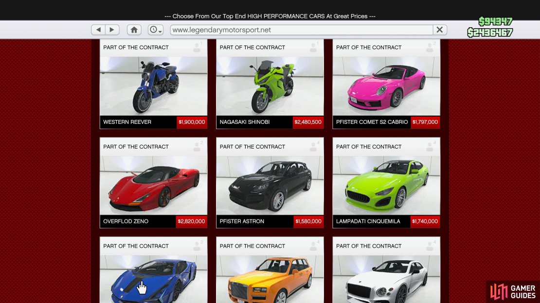 Overview of the Legendary Motorsport Cars available with The Contract DLC.
