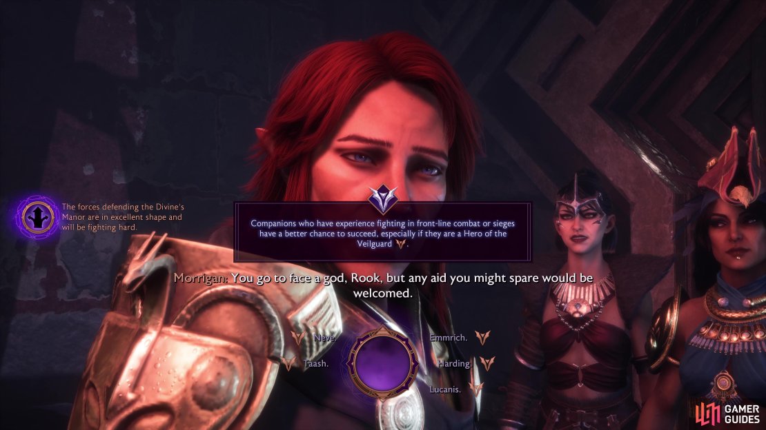 You’ll need to choose who will stay behind and help defend the Divine Manor.