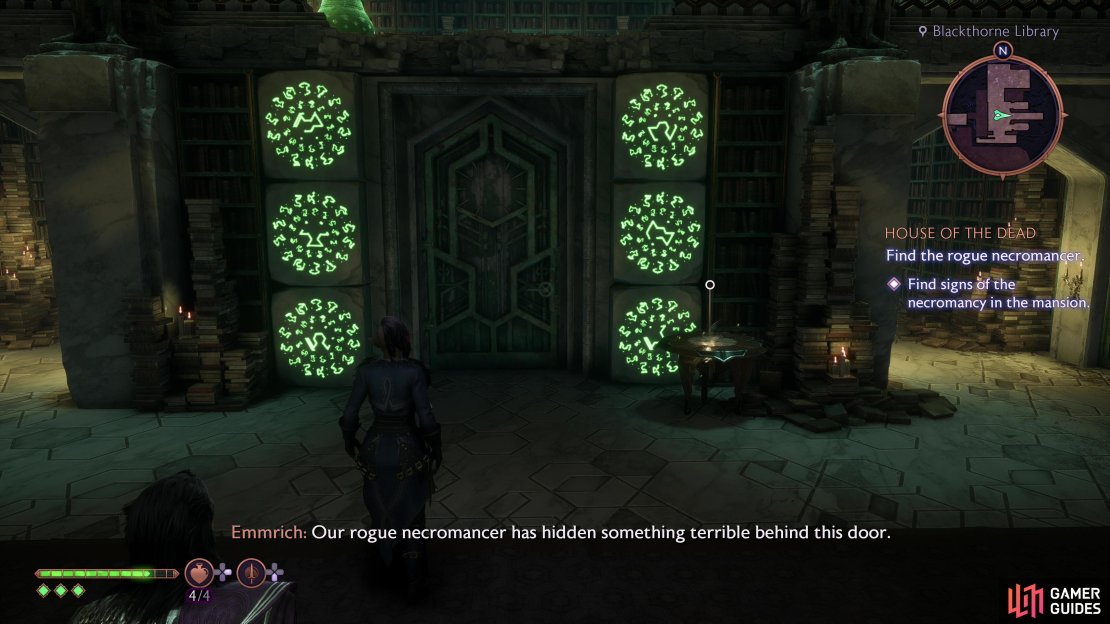 Enter the library to find a sealed door - getting through it is your goal, but you need to remove the warding, first. Grab the Skeleton Key off the table,