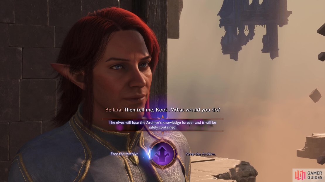 Depending on your choice with the archivist, you will obtain different skills and armor for Bellara.