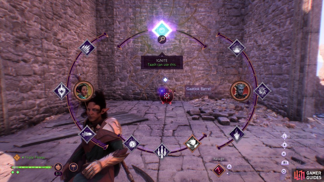 Have Taash use her fire on the barrel here to open a new area near the entrance of the Warden Castle.