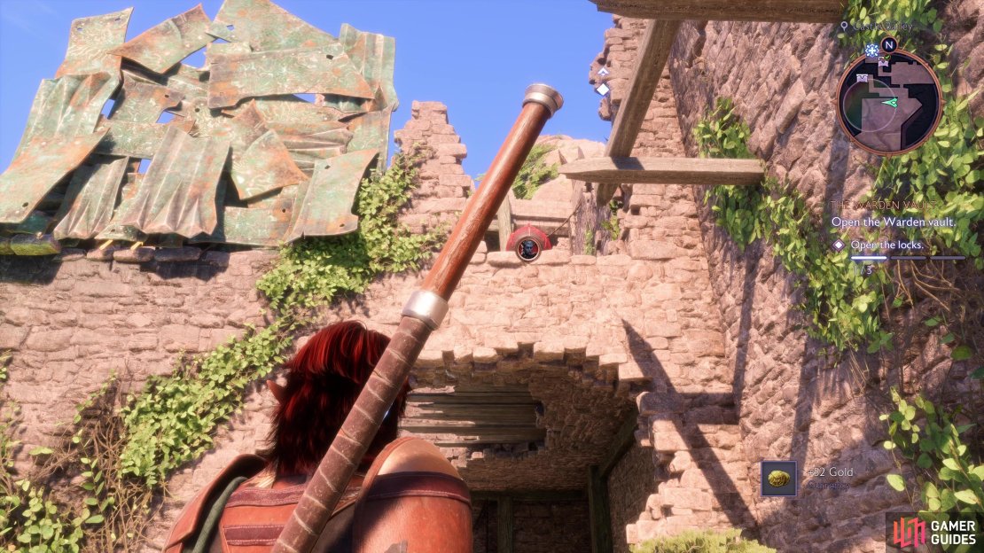 Look up in the Castle Bailey to spot this barrel you can hit with Taash.