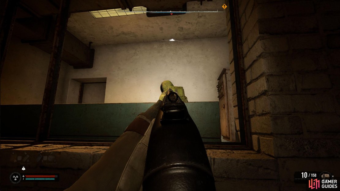 If you jump up near the window, a zombie will get up. Shoot it from here to save yourself later.