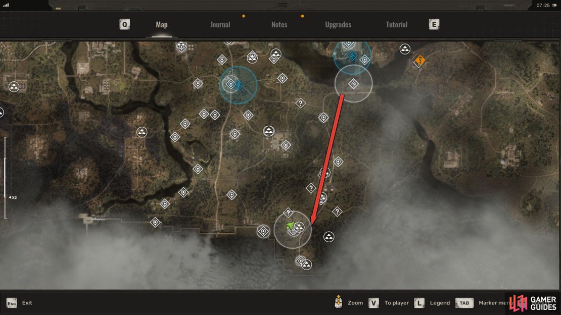 Follow the path south from the camp while avoiding the numerous anomalies along the way.