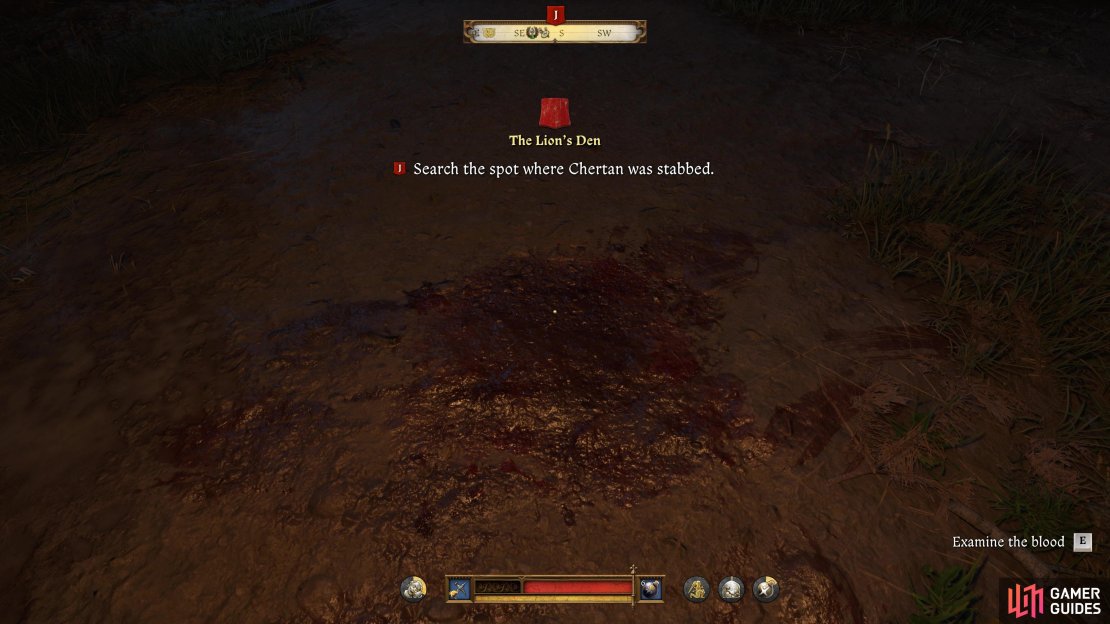 Begin by examining the blood at your feet.