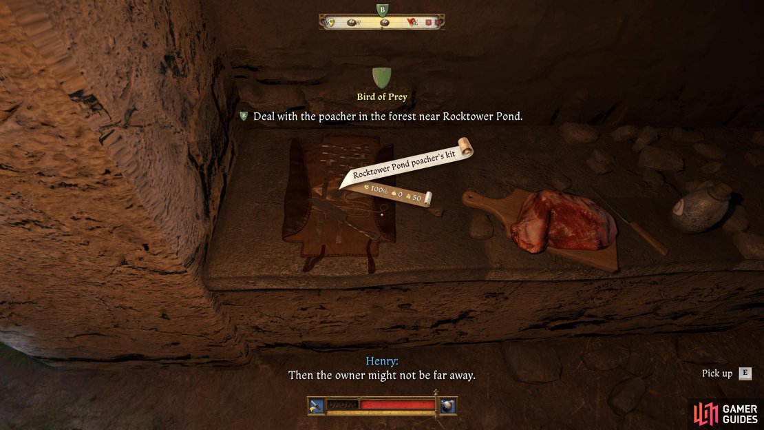 Find the poacher’s kit in the cottage ruins on the north side of Rocktower Pond.