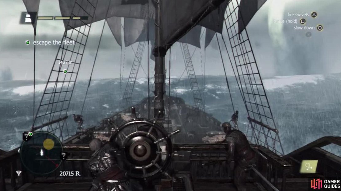 Always avoid the yellow circles on your minimap. These indicate a waterspout and naturally, these can damage your ship beyond repair if caught in one.