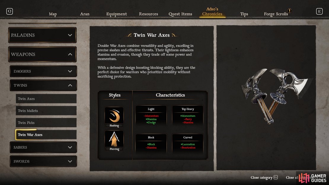 The Twin War Axes offer two damage styles and an emphasis on better Blocking.