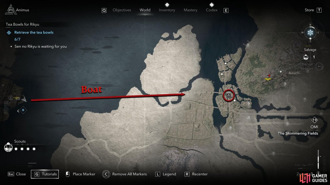 Take a boat from Sakamoto to Azuchi. The Ornament Vendor will be west of the Castle.