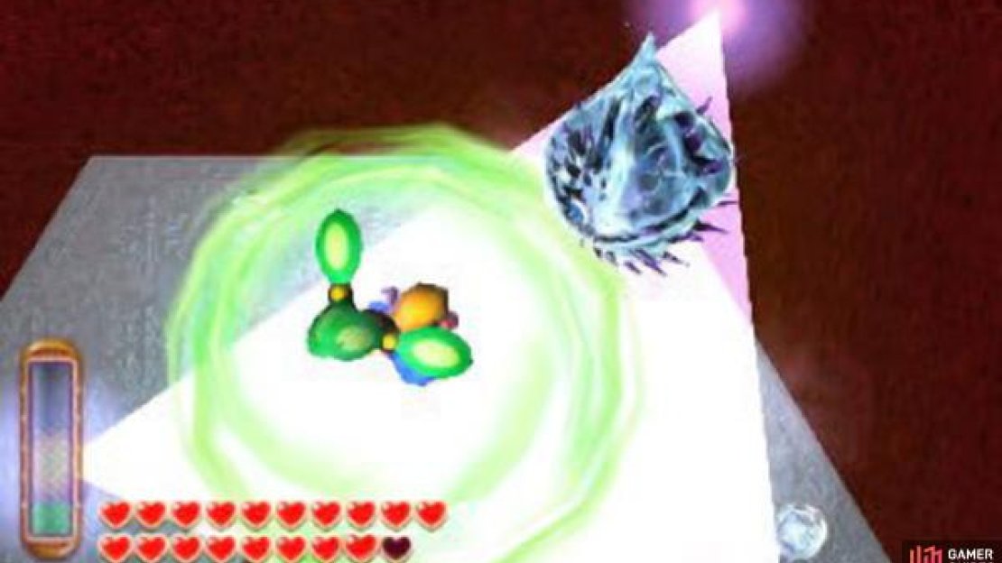 Use the Tornado Rod to dodge his ‘triangle-of-doom’ attack.