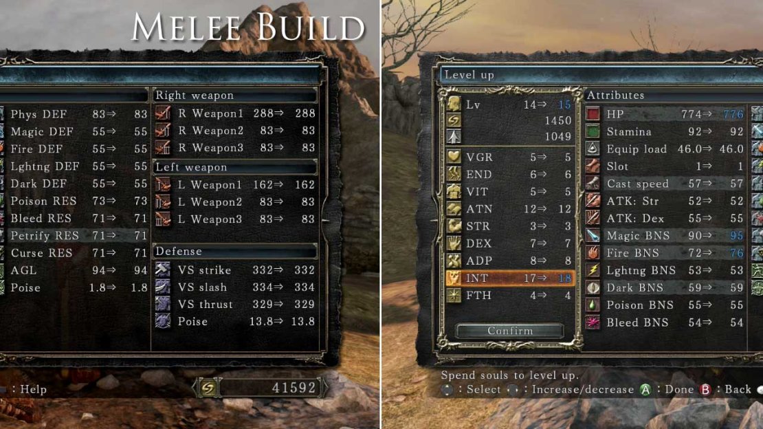 An example of a Melee-focused build’s stats versus those of a Magic-focused character.