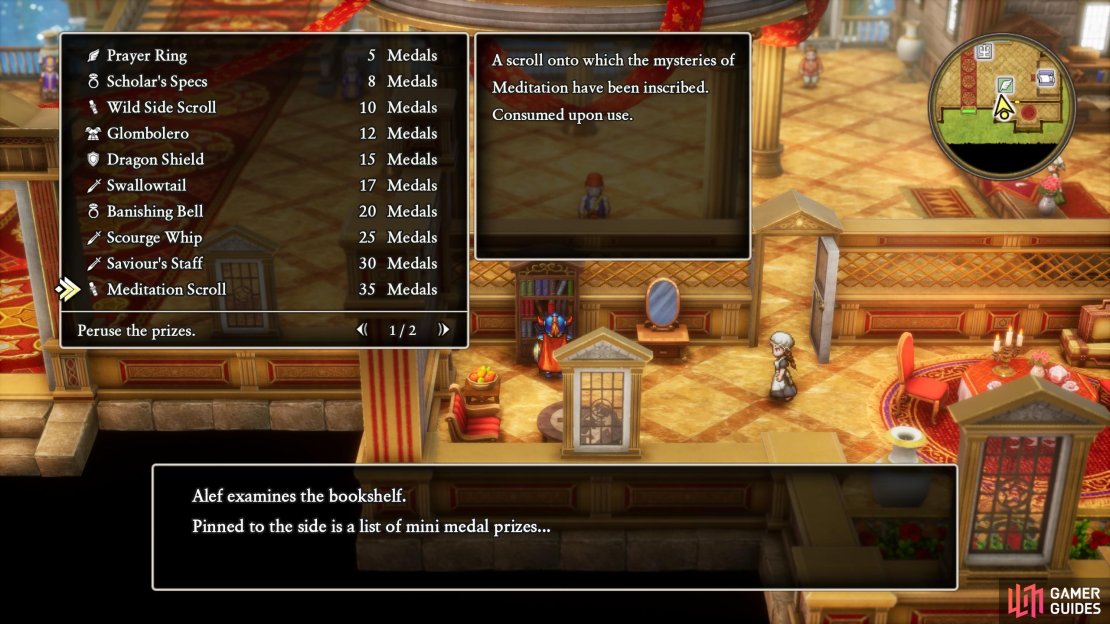 Search a bookshelf in the southeastern corner of the Citadel of the Monarch of Medals to find a list of the rewards you’ll get for turning in Mini Medals.