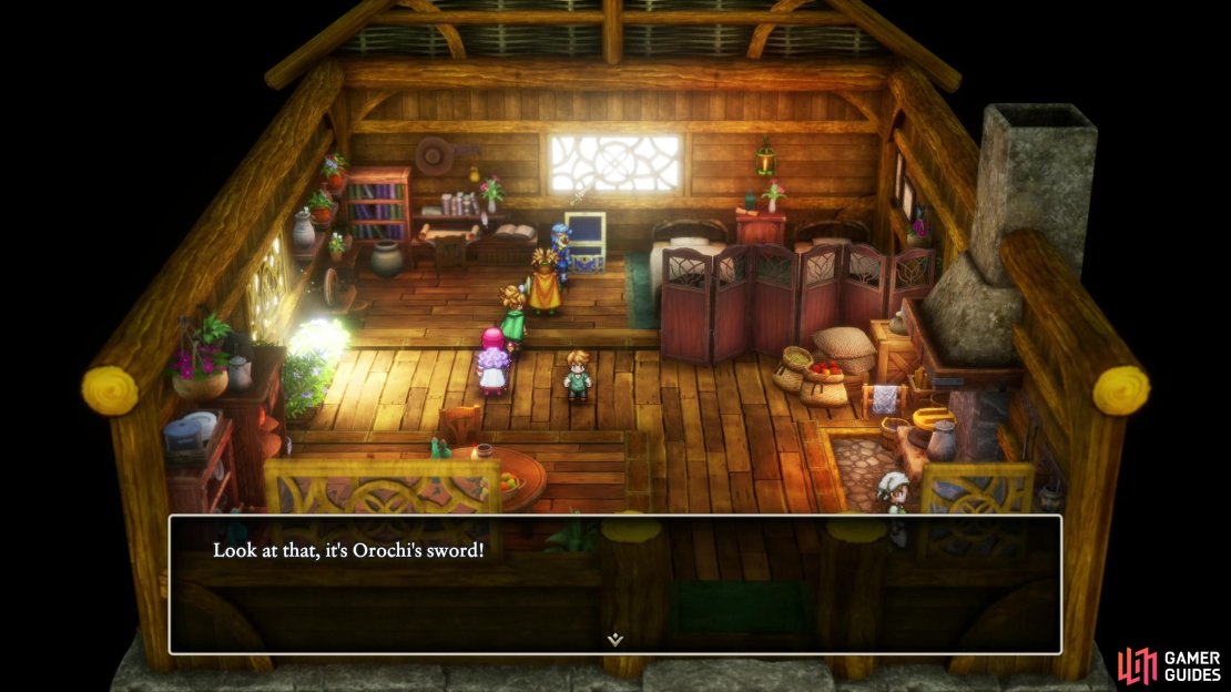 In Kol, enter the westernmost house and loot a chest to obtain Orochi’s Sword.