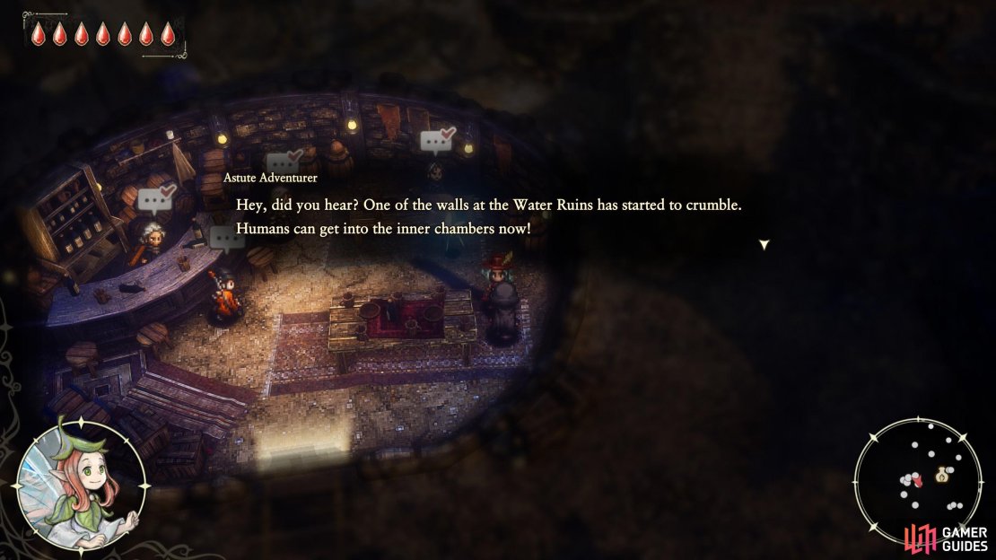 You’ll know you can fully explore the Water Ruins when an Astute Adventurer mentions a wall collapsing in the dungeon. He can be found in the tavern in Littlehope Village.
