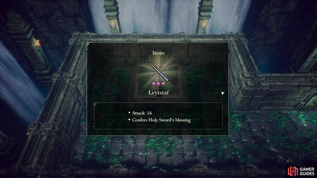 then flood the room beyond, swim to a blue door and open it with your new key and open the big red chest beyond to get the Leytstaf sword.