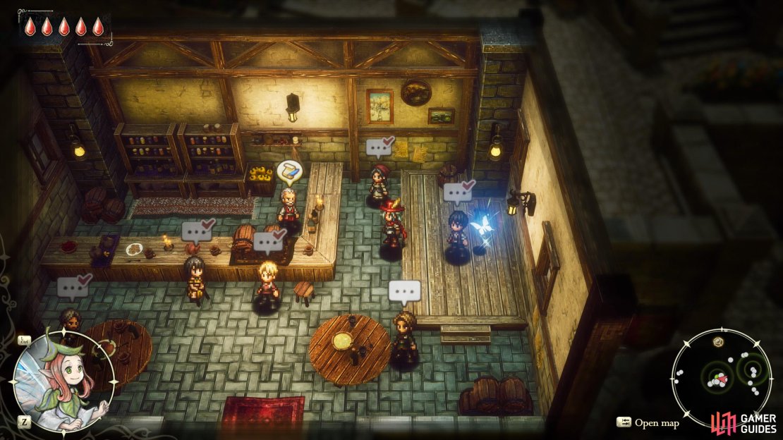 Return to the tavern along the southern edge of Huther and talk to the Barkeeper after you find the Magic Compass to start the quest “My Family’s Motto”.