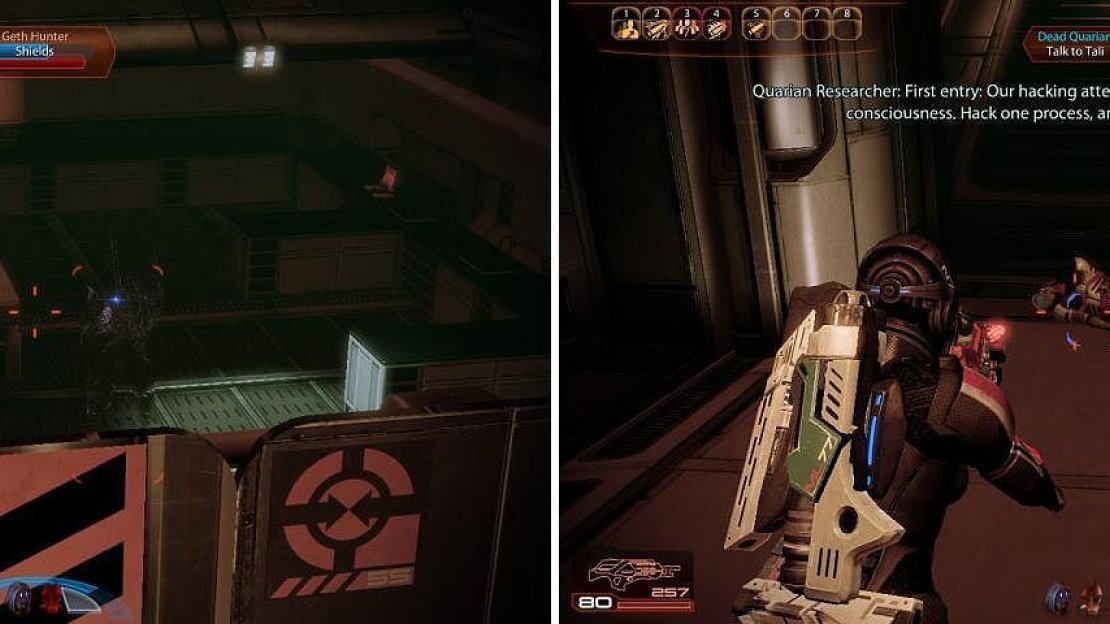 Clear the room below (left) and then check out the body in the hallway for a scene with Tali (right).