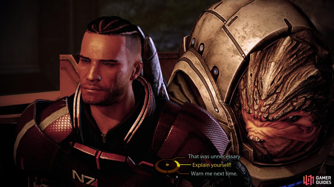 “That was unnecessary“ is the Paragon choice which can be followed up with a Paragon interrupt, whilst “Warn me next time” is the Renegade choice.