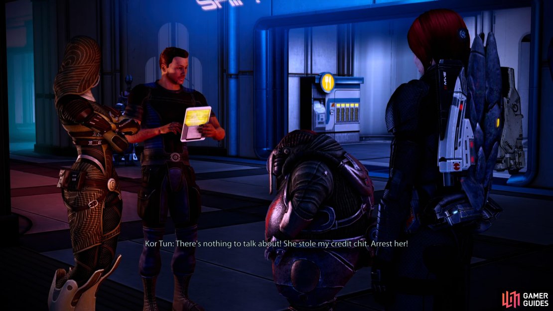 On Level 26 you’ll find a volus accusing a quarian of theft.