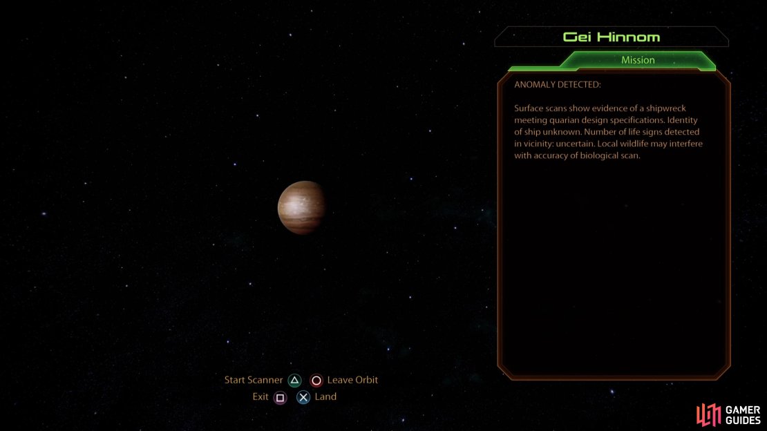 Scan the planet Gei Hinnom to start the assignment “N7: Quarian Crash Site”.