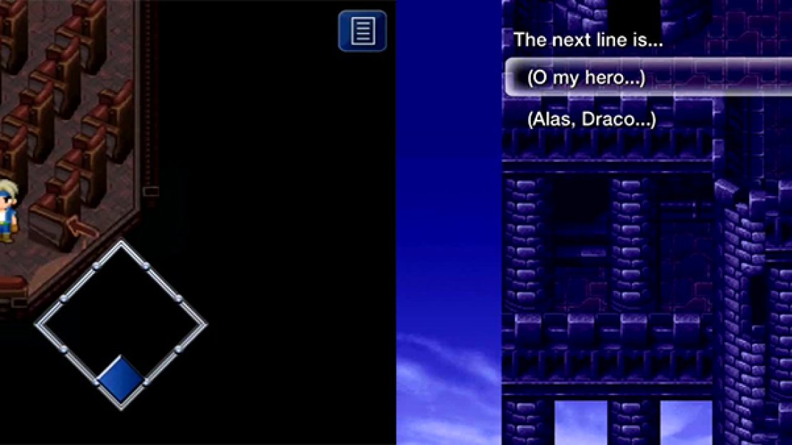 Head through the southeast door and to the dressing room to speak with Celes. During the scene, you only get a few seconds to select a line. Choose the top, then the bottom and then top again.