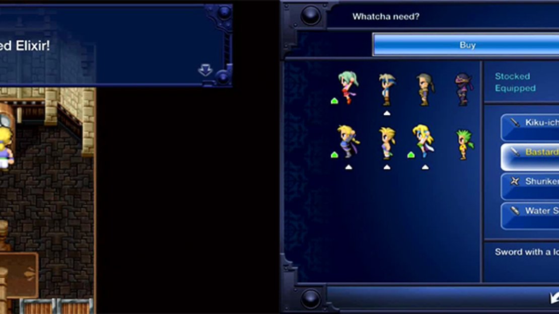 Elixirs seem to be in every clock in this game. Check the one at the top of the Pub for one. The Bastard Swords are sufficient weapons to use until a little later so buy a few.