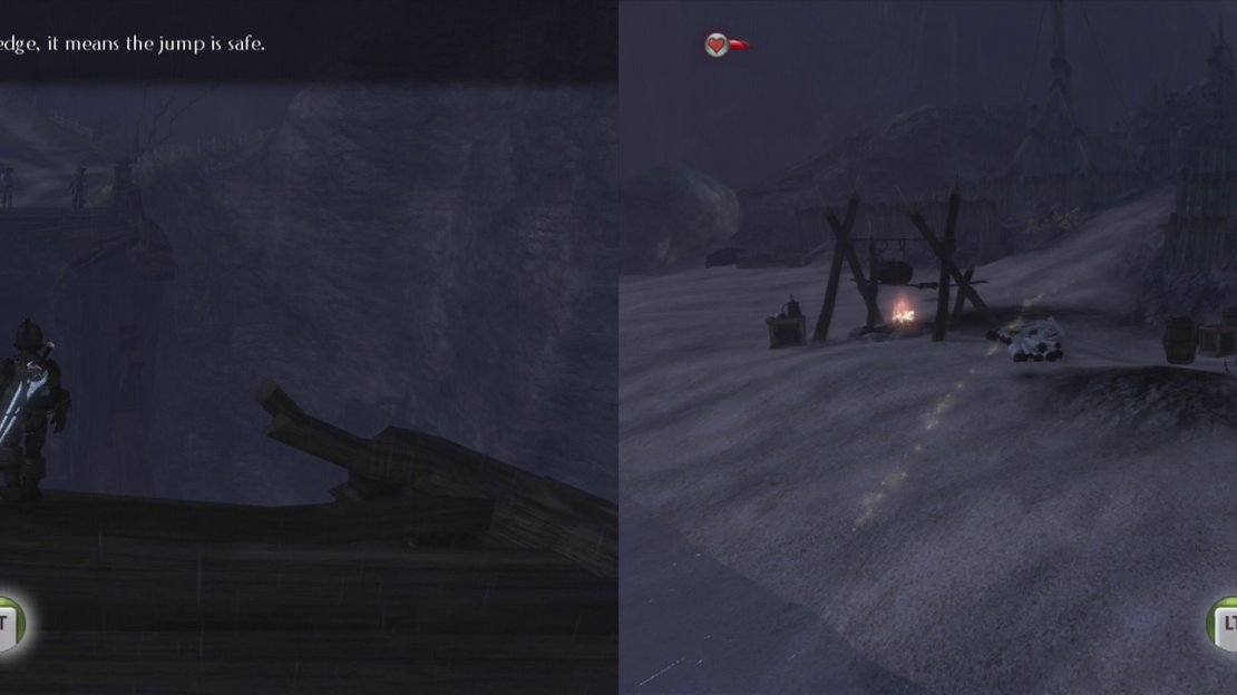 When you reach the broken bridge, dive into the water below (left). Swim to the nearby beach (right).