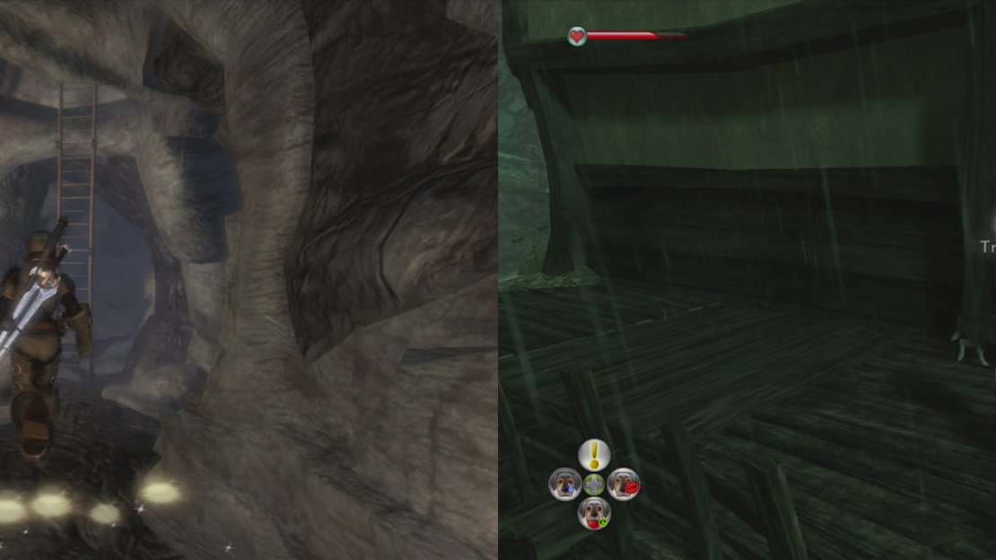 Climb the ladder to exit the hobbe cave (left) and then look behind the building you emerge from for a silver key (right).