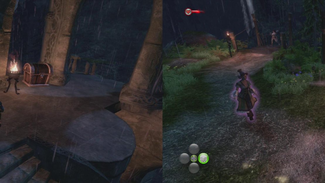 Ignore the gold trail and explore the ruined tower for a chest (left). After crossing the bridge, look inside the shack to the left for a silver key (right),